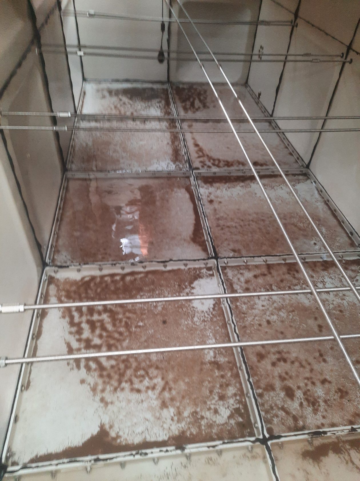 Tank interior before disinfection — heavy contamination and deposits