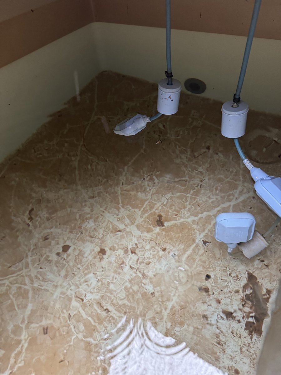 Storage tank interior before disinfection — sediment and staining